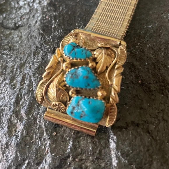 Gold 14K Native American Turquoise Vintage Watch Tips signed Walley - Picture 7 of 15